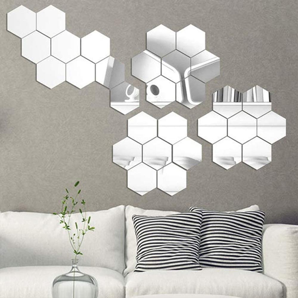 12pcs 3.15×2.76×1.57in Hexagon Mirror Wall Sticker Acrylic Self-adhesive Mirror Tile Office
