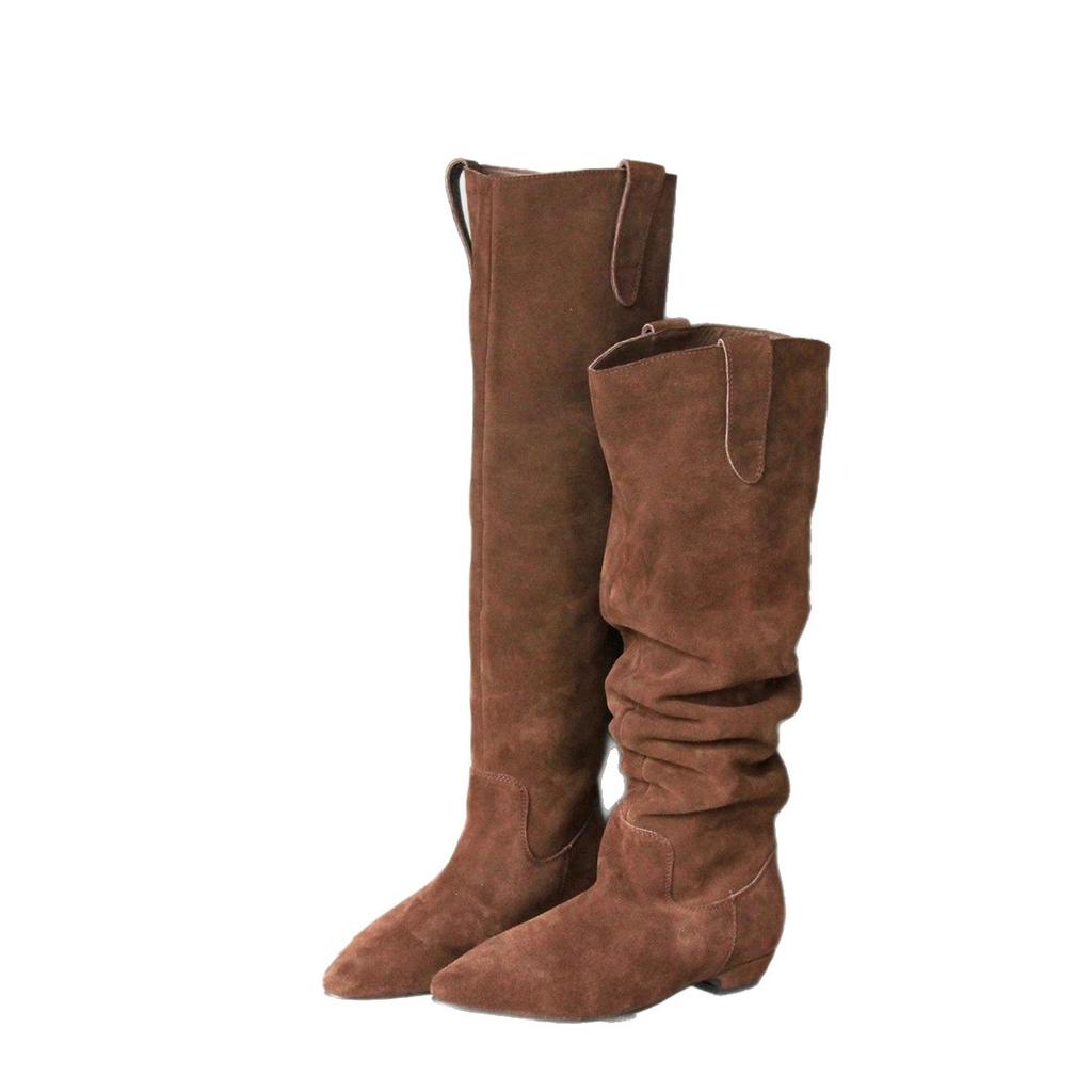 Версия из овчины~ ретро плоские сапоги женские кожаные матовые с широким голенищем плиссированные сапоги с ворсом облегающие универсальные сапоги-рыцари.