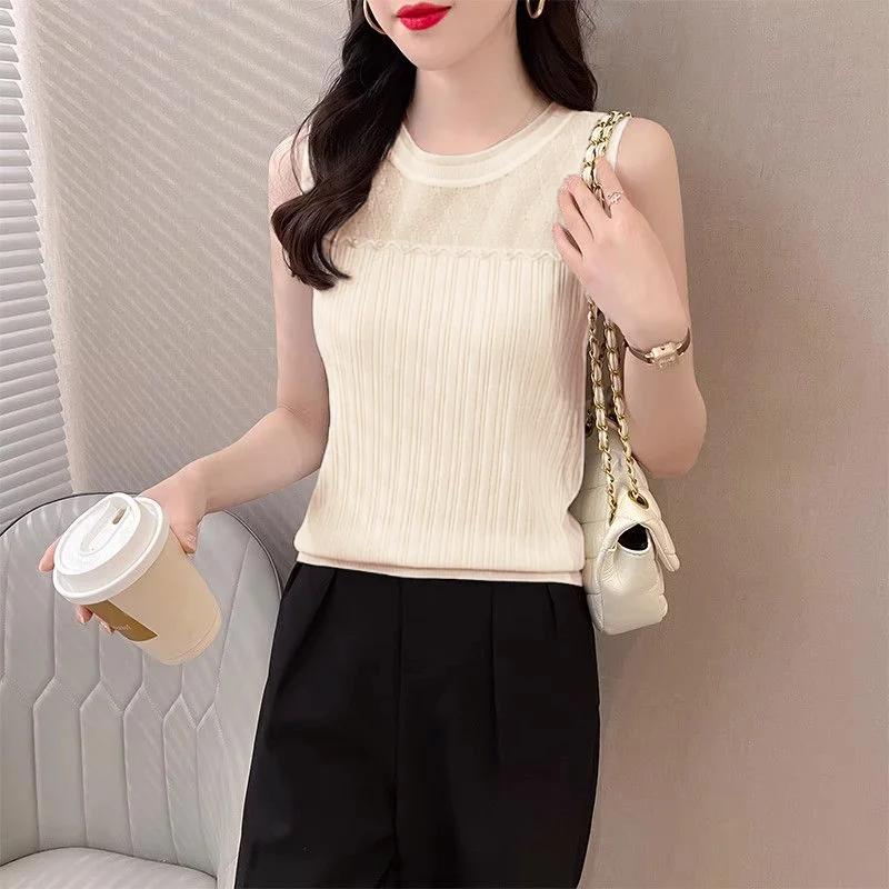 Летний женский сетчатый пэчворк топ-майка без рукавов в рубчик, облегающий топ-камисоль