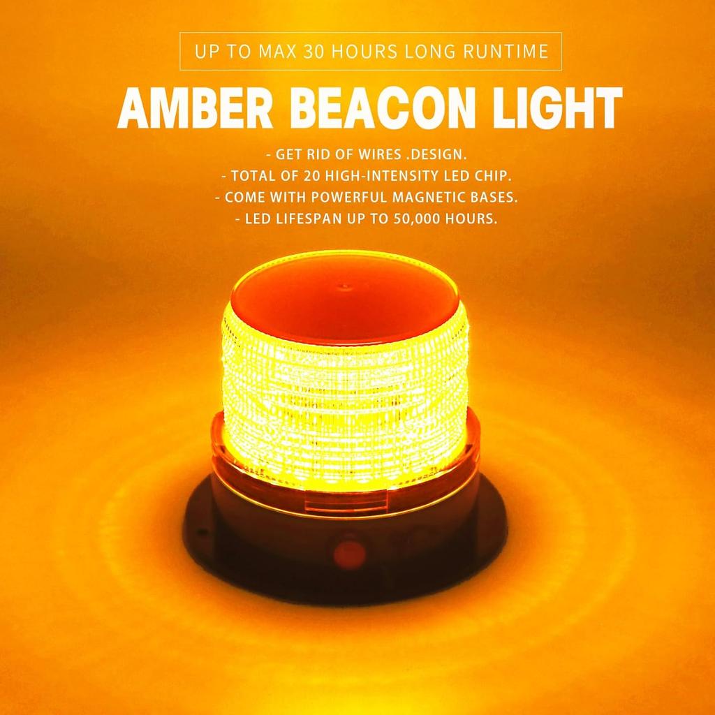 BooYu 2-Pcs Battery Operated Amber Warning Beacon Light W/Magnetic Base, Portable Rechargeable Mini Roadside Roof Top Plow LED Strobe Emergency Flash
