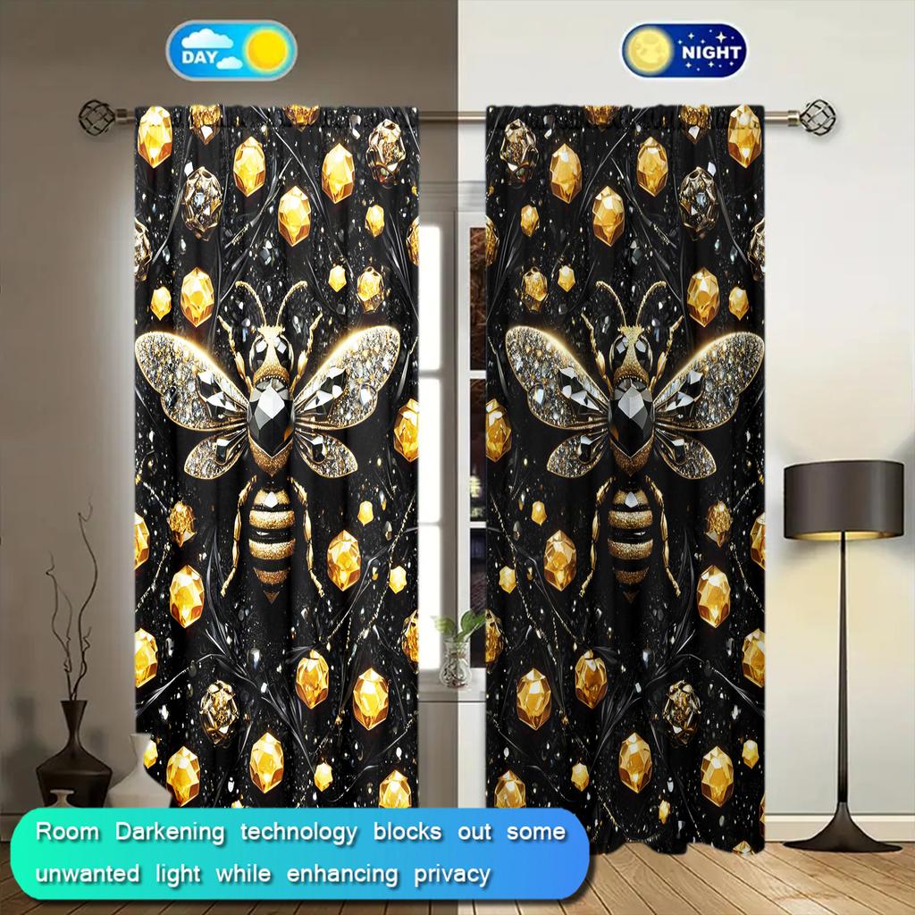2pcs Luxurious Bee Gem Printed Curtain for Home Decor - Rod Pocket Window Treatment for Bedroom, Office, Kitchen, Living Room