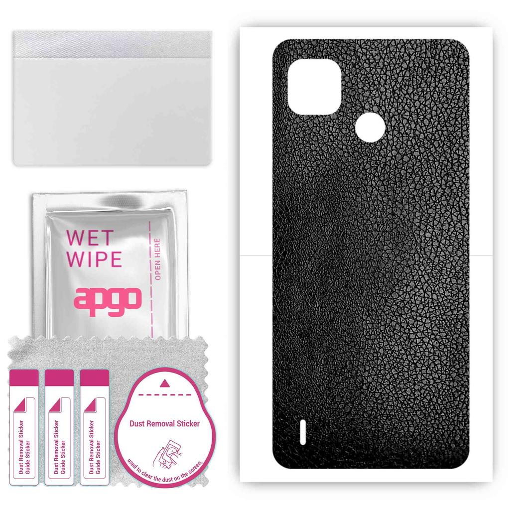 apgo Protective Skin Sticker for the back compatible with Tecno Pop 4, Wrap Film, Foil, Vinyl - Pattern Black Leather