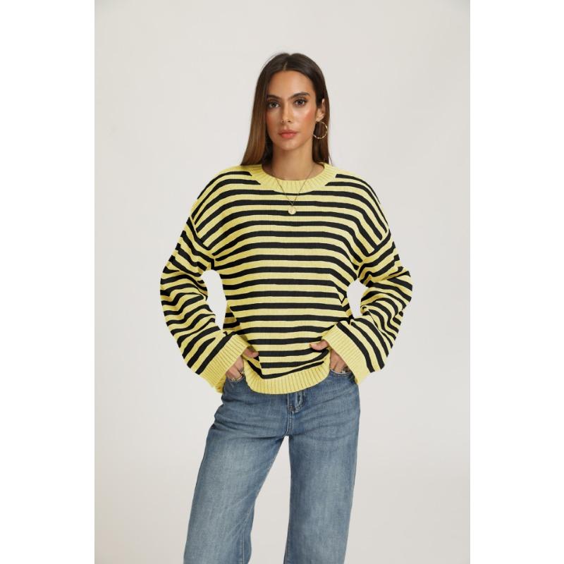 Women Loose Striped Pullover Sweater Crew Neck Long Sleeve Knitwear Autumn Winter