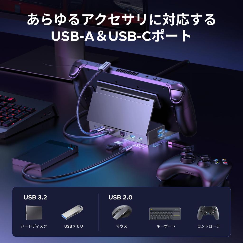 UGREEN Станция-хаб для Steam DP DisplayPort 10 Гбит/с x 1000 Мбит/с 2 x USB Картридер 100 Вт PD Без регулируемого угла 9-в-1 USB-C Deck/Switch/Rog