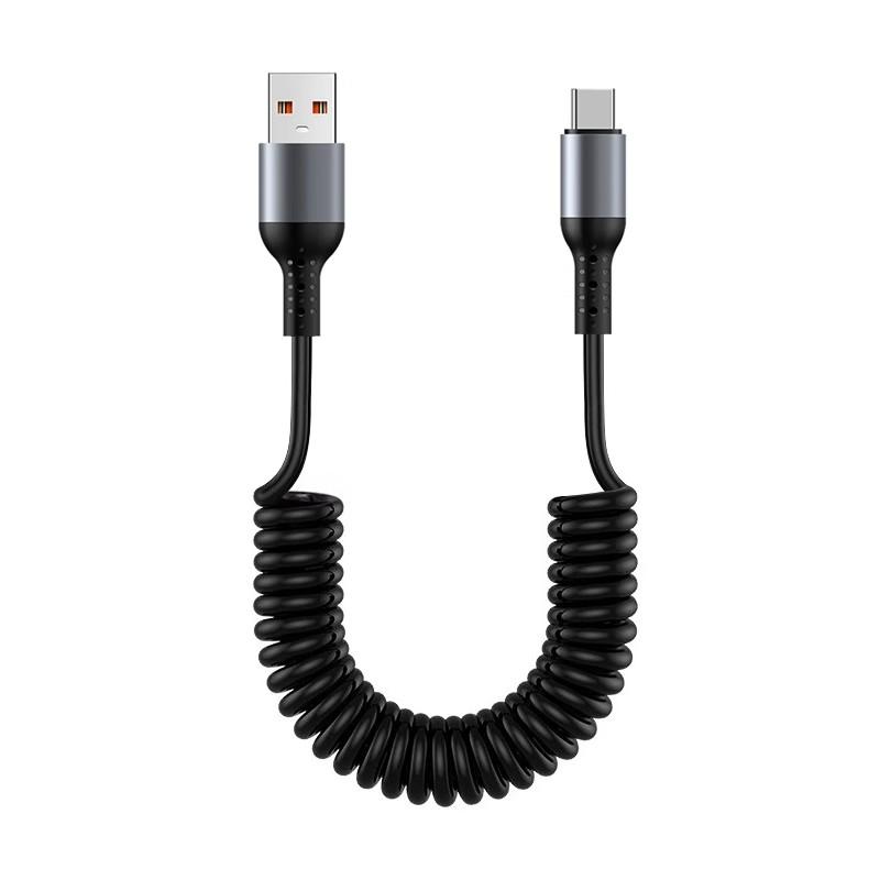 1.5M Coiled USB-C Type C 5A Fast Charging Data Cable 90 Right Angle Retractable Pure Copper Mobile Phone Cord for