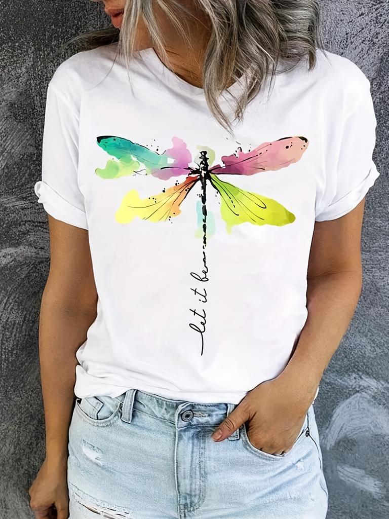 Dragonfly Pattern Round Neck T-shirt Casual Short Sleeve 2D T-shirt Spring/Summer Women's Casual Clothing Fashion Short Sleeve