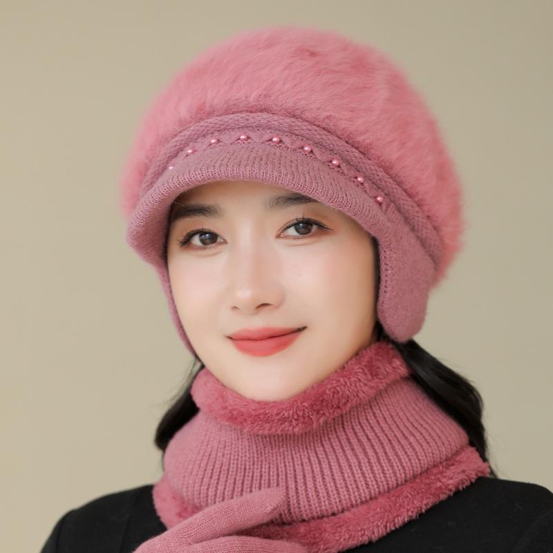 Winter Hat Female Faux Rabbit Fur Ear Protection Wool Hat Plush Thick Warm Knitted Hat