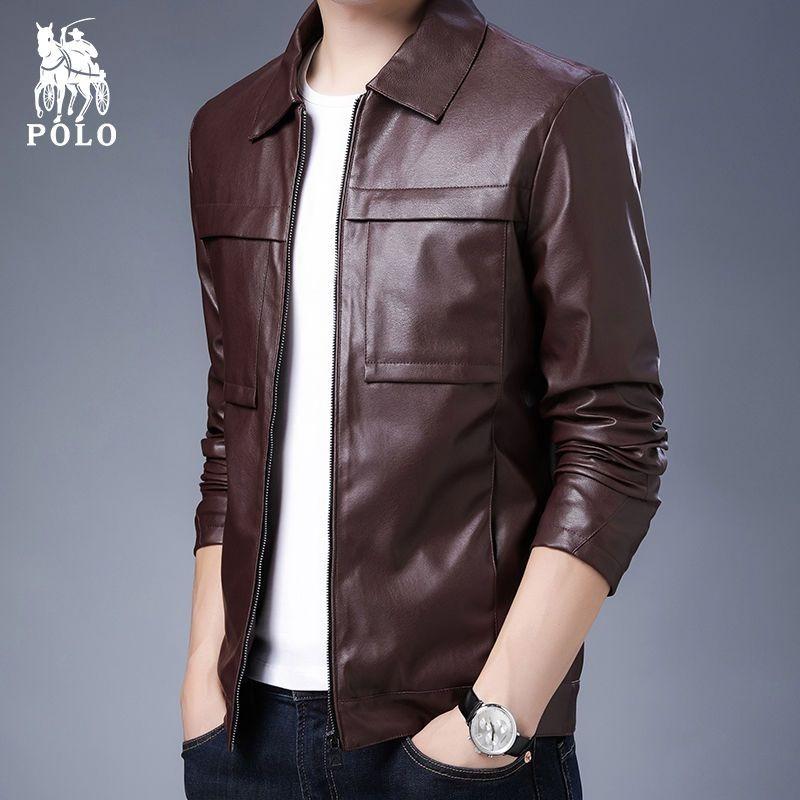 Новая кожаная куртка с карманами Мужская на молнии Приталенная с лацканами Повседневная кожаная куртка Тонкая Осенняя
