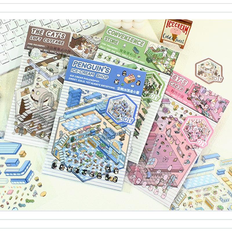 Мультфильм 3D Ландшафтный дизайн Наклейки Миниатюрная сцена Сделай Сам Сцена из домика Складывание и наклеивание Ручной счет Милый подарок для ребенка