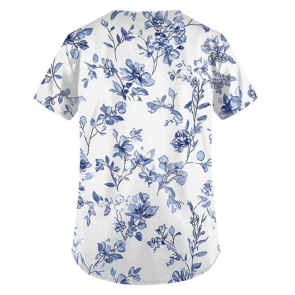 Женская мода с коротким рукавом и V-образным вырезом с карманами и цветочным принтом Топы Одежда