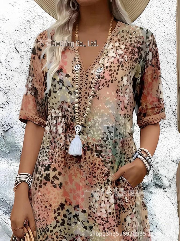 Women's V-neck Casual Summer Pocket Dress - New Print