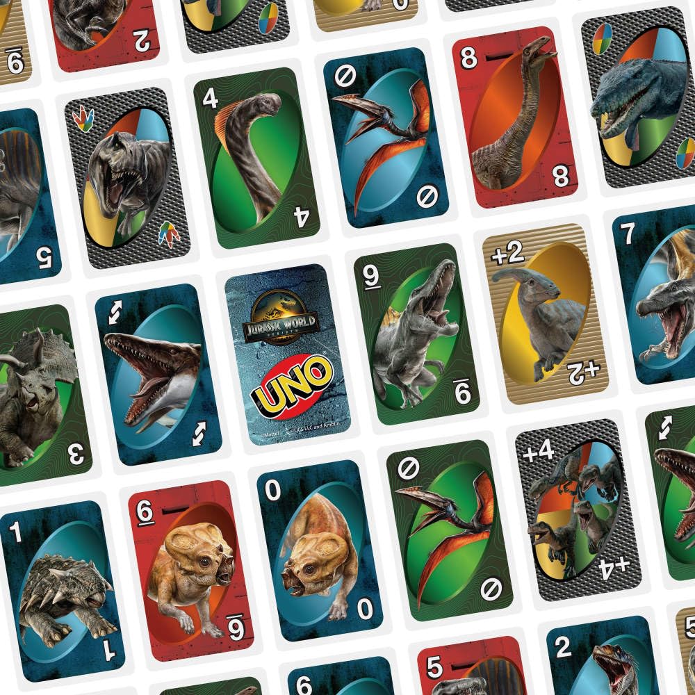 Mattel Games UNO Jurassic World Rebirth Card Game - with T-Rex Attack Special Rule, Collectible Family Party Game, 2-10 Players, Ages 7+