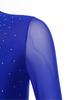 Womens Dance Jumpsuit Sheer Mesh Inserts Long Sleeve Style Keyhole Back Detail Sparkling Rhinestones Bodysuit