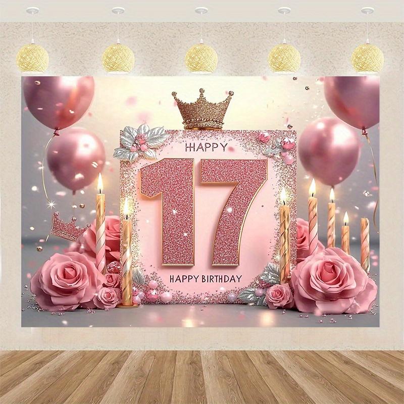 17th birthday party banner - The "Happy 17" design with pink and gold flashes, featuring balloons, roses and candles