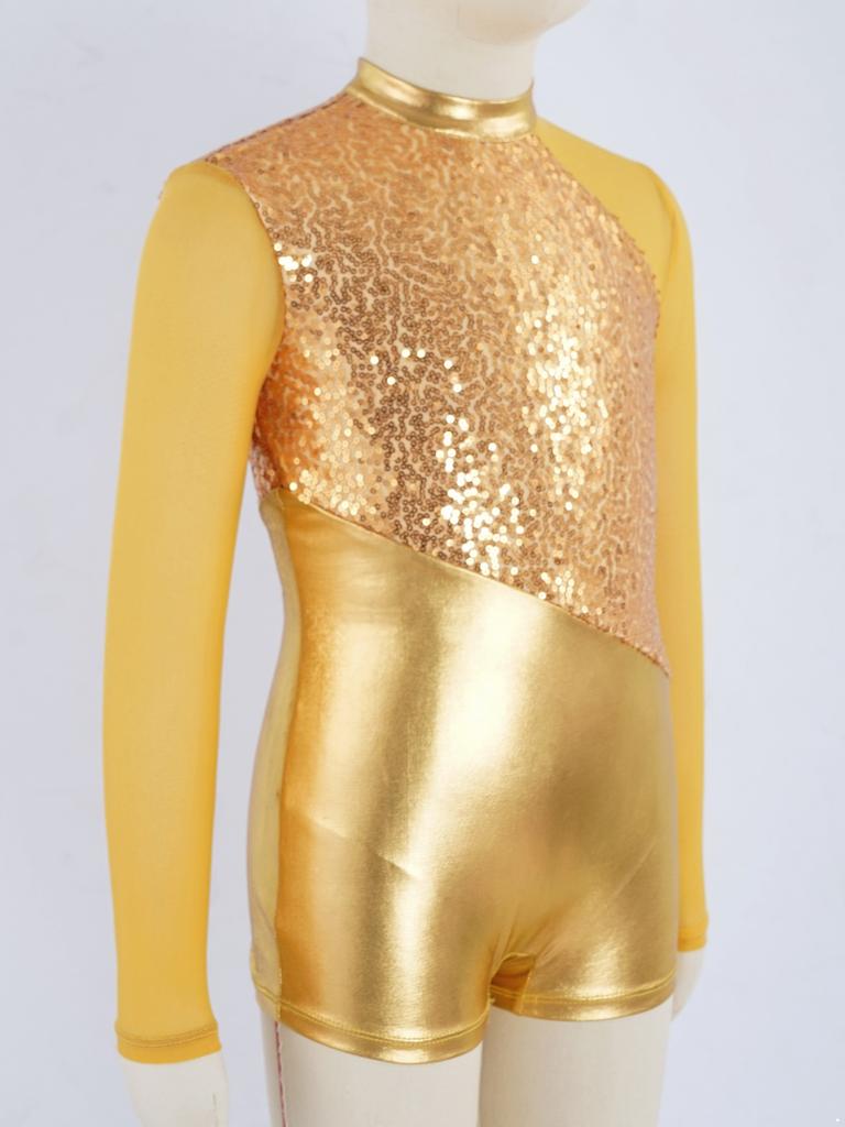 Детское цельное танцевальное трико для девочек со сверкающими металлическими блестками и длинными рукавами, гимнастическое боди