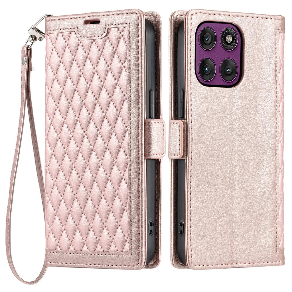 For Motorola Edge 60 Pro 5G Leather Case Rhombus Texture Wallet Stand Phone Cover with Wrist Strap