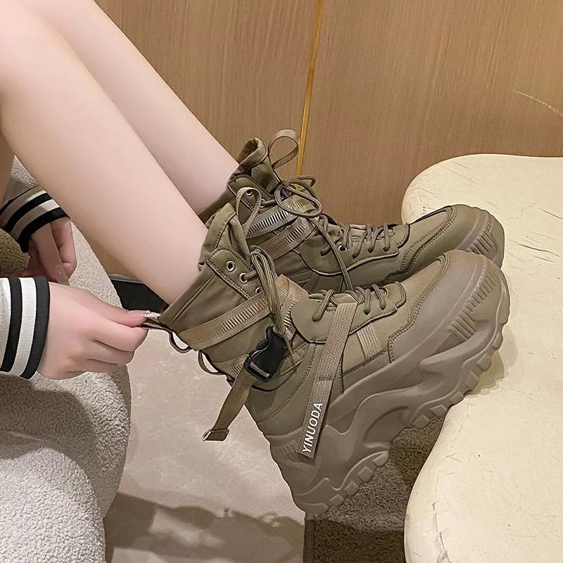 Модные модные женские толстые мотоциклетные ботинки на платформе, белые туфли на шнуровке с толстой подошвой, женские осенне-зимние ботильоны Botas De Mujer
