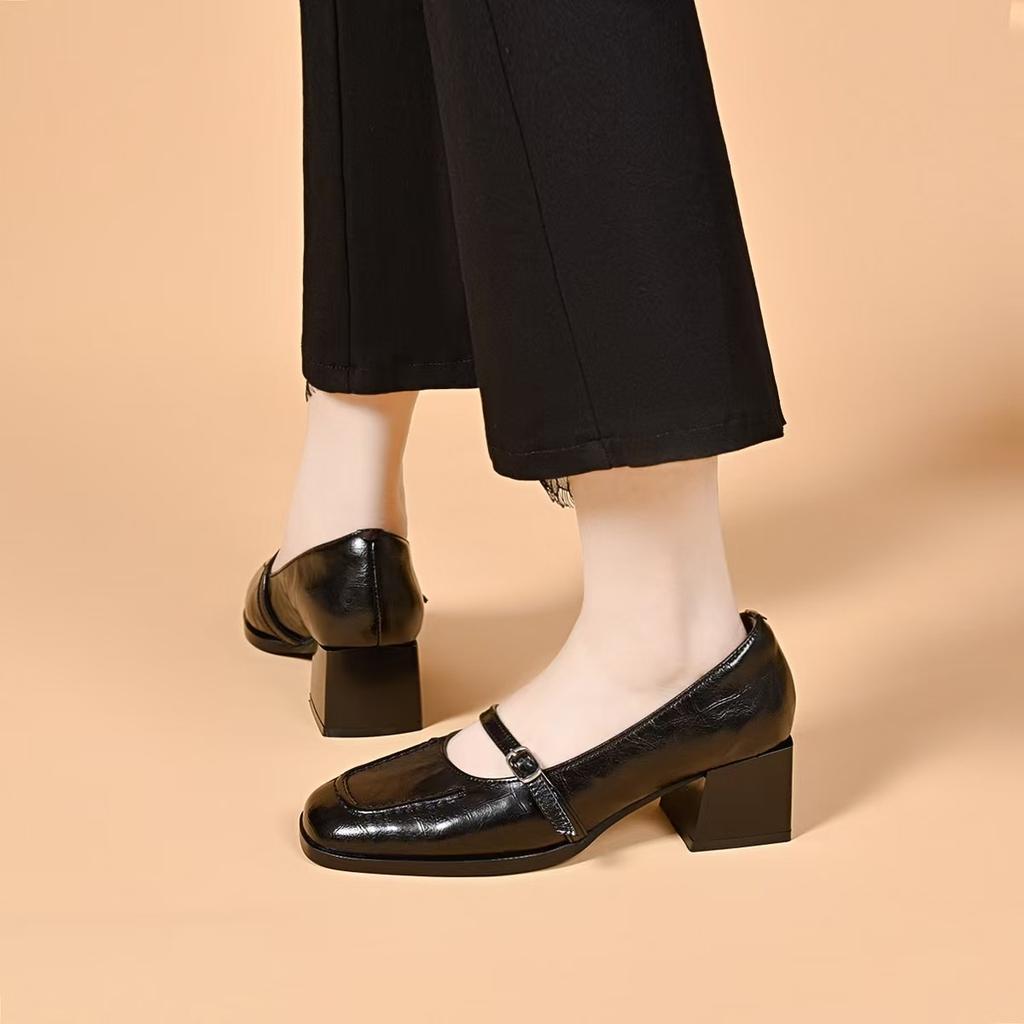 Square Head Mary Jane Shoes Women's Spring New Elegant Shallow Mouth Single Shoes One-word Buckle Thick Heel Women's High Heels