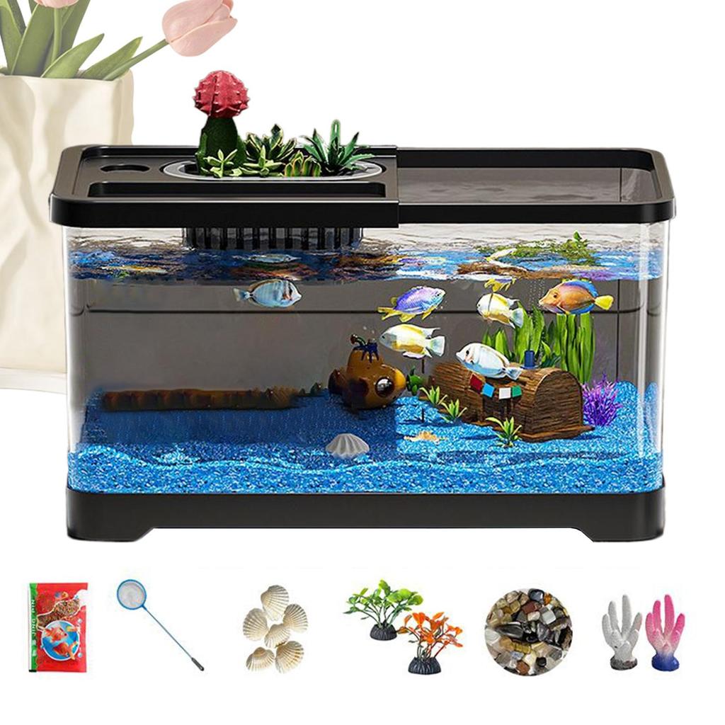 Small Fish Tank Acrylic Clear Desk Aquarium with Decor Accessories Fish Tank Starter Kits for Tabletop Living Room Studio Decor