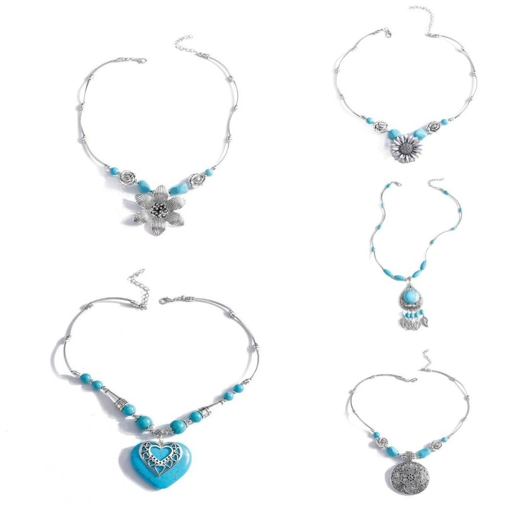 Цветочные этнические ожерелья из бусин в богемном стиле, чокер, ретро ожерелье с каменным кулоном, подарки