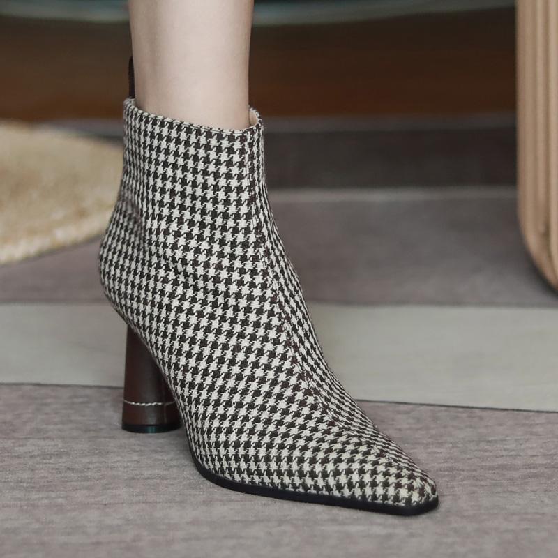 Ankle Boots Women's Sexy Strange Style 2024 Autumn New Shoes Woman Shoes High Heels Retro Gingham Modern Boots Pointed Toe Shoes