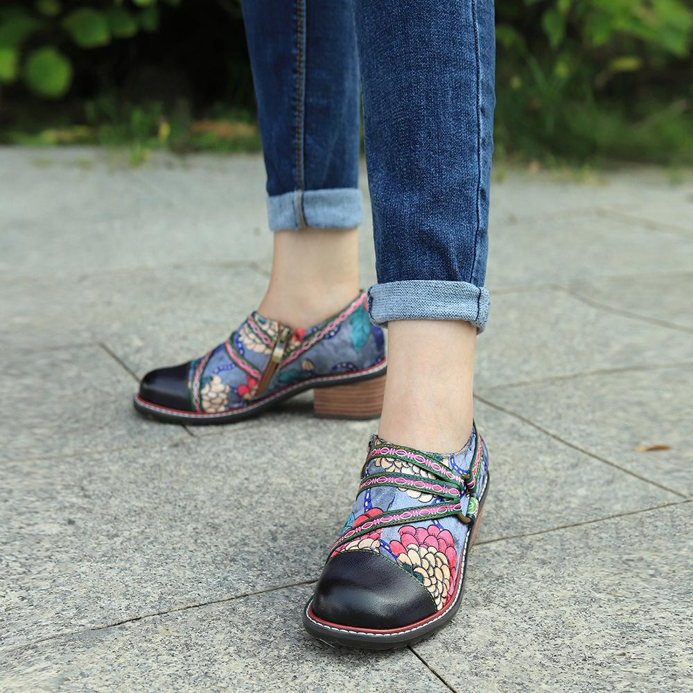 Цветочная обувь ручной работы Женская обувь с мягкой плоской подошвой Осенние повседневные сандалии Обувь из натуральной кожи