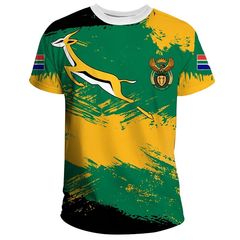 3D South African Map Flag Springbok Pattern Printed T-shirts Casual Short Sleeved Men's T-shirts - Medium Stretch Fabric Summer Relaxed Fit Clothing