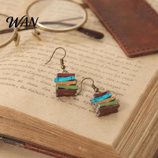 Resin Book Earrings 1 Pair Women Earrings, Retro Mini Stacked Design Vintage Style Hook Lightweight Literary Drop for Jewelry Gift Colorful