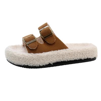 Женские тапочки из меха и плюша на платформе, нескользящие тапочки, повседневные модные римские шлепанцы с пряжкой, зимние, новый стиль