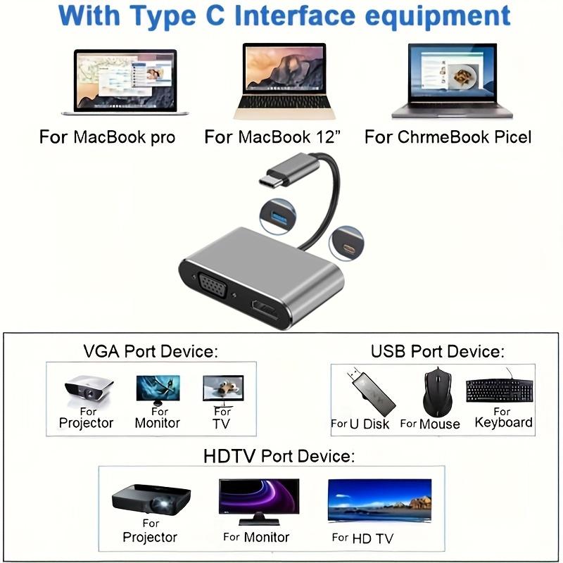 Адаптер-хаб Type C 4 в 1 многопортовый с USB 30, VGA, HDTV, цифровым AV и портом для зарядки PD, совместимый