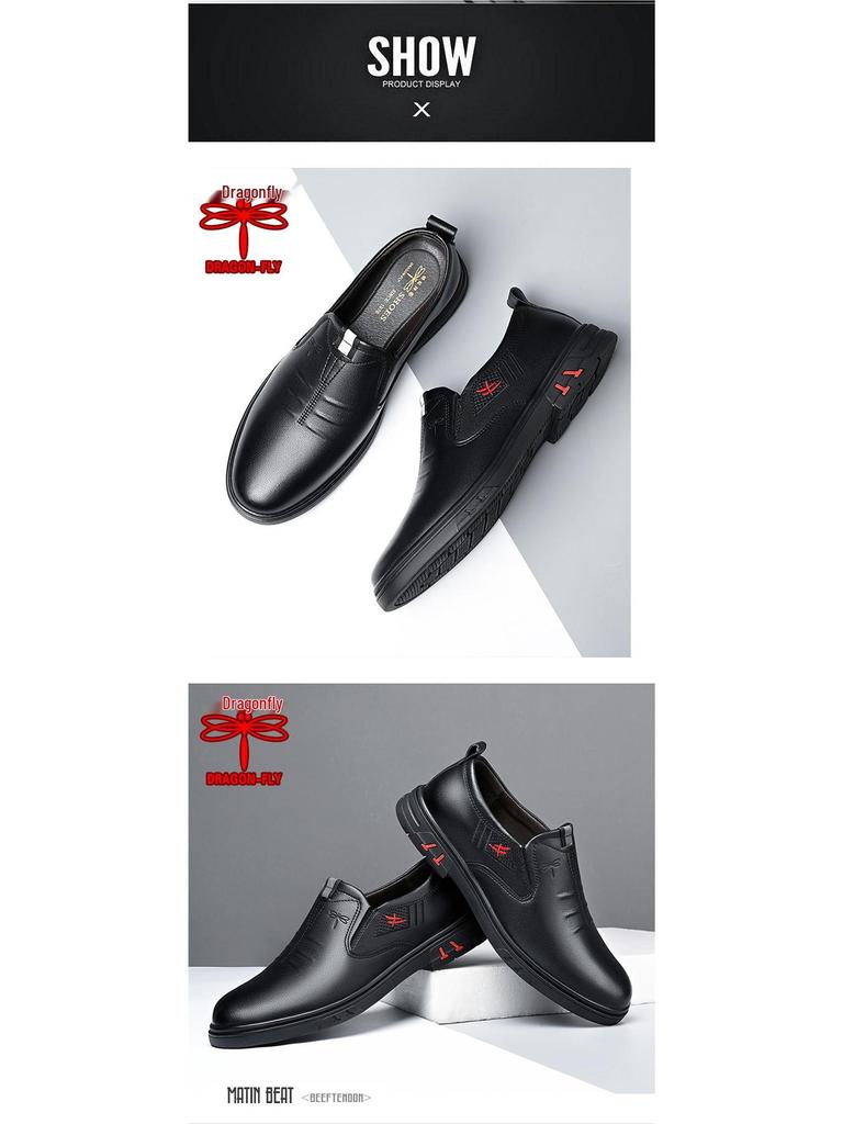 Мужские туфли Qingting 2025 из кожи на мягкой подошве, слипоны в стиле business casual - Нескользящие, с круглым носком, в стиле "папа"