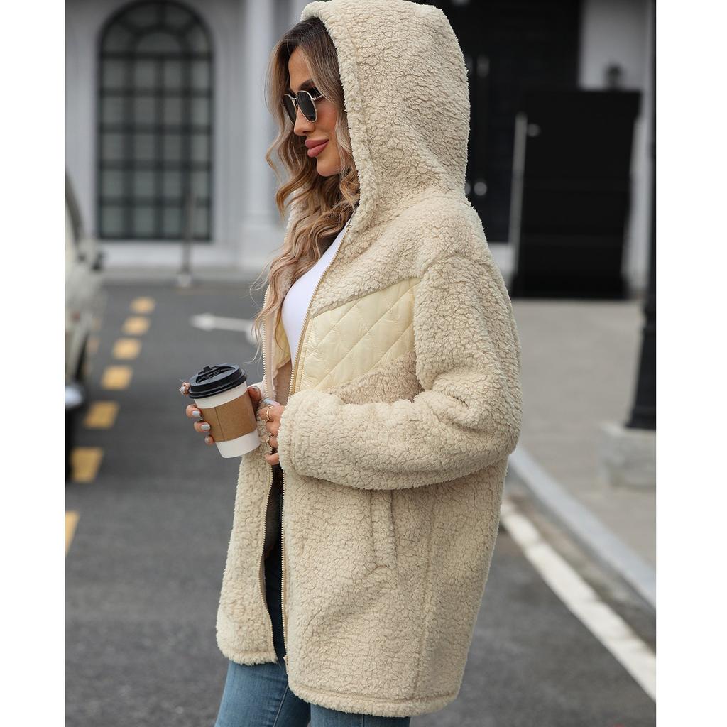 Женская свободная куртка с капюшоном из толстого плюша на молнии в стиле пэчворк на осень и зиму