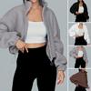 Women's Full Zip Fleece Short Jacket Winter Long Sleeve Cropped Coat Drawstring Hem Stand Collar Warm Workout Top