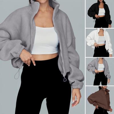 Женская флисовая куртка на молнии с коротким низом, зимняя, с длинным рукавом, укороченное пальто, на кулиске