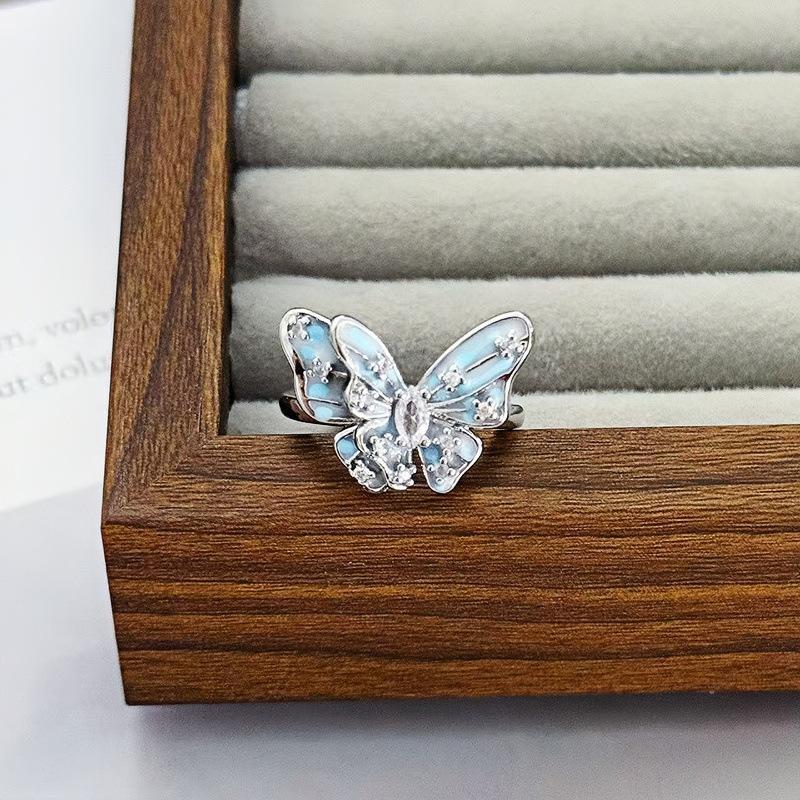 Enamel Color Butterfly Ring French Niche Exquisite Ring Middle Ancient Small Fresh Super Fairy Temperament Open Index Finger Ring