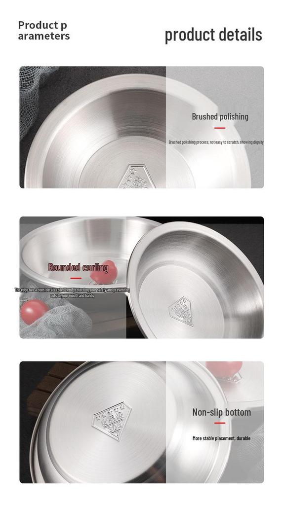 304 Stainless Steel Deepened Vegetable and Dinner Plate, Thickened Flat Bottom for Soup and Fish, Brushed Finish