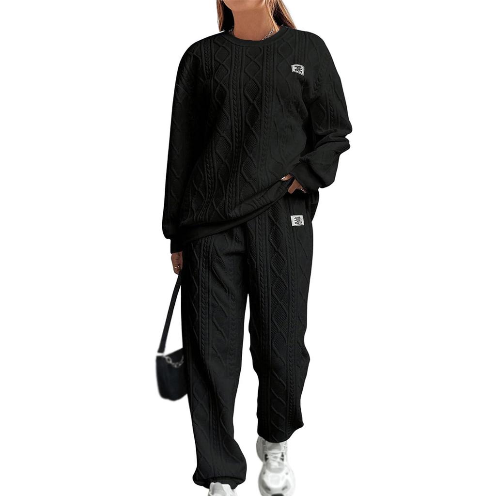 Women's Fashion Color Round Neck Long Sleeve Top Elastic Waist Casual Pants Set