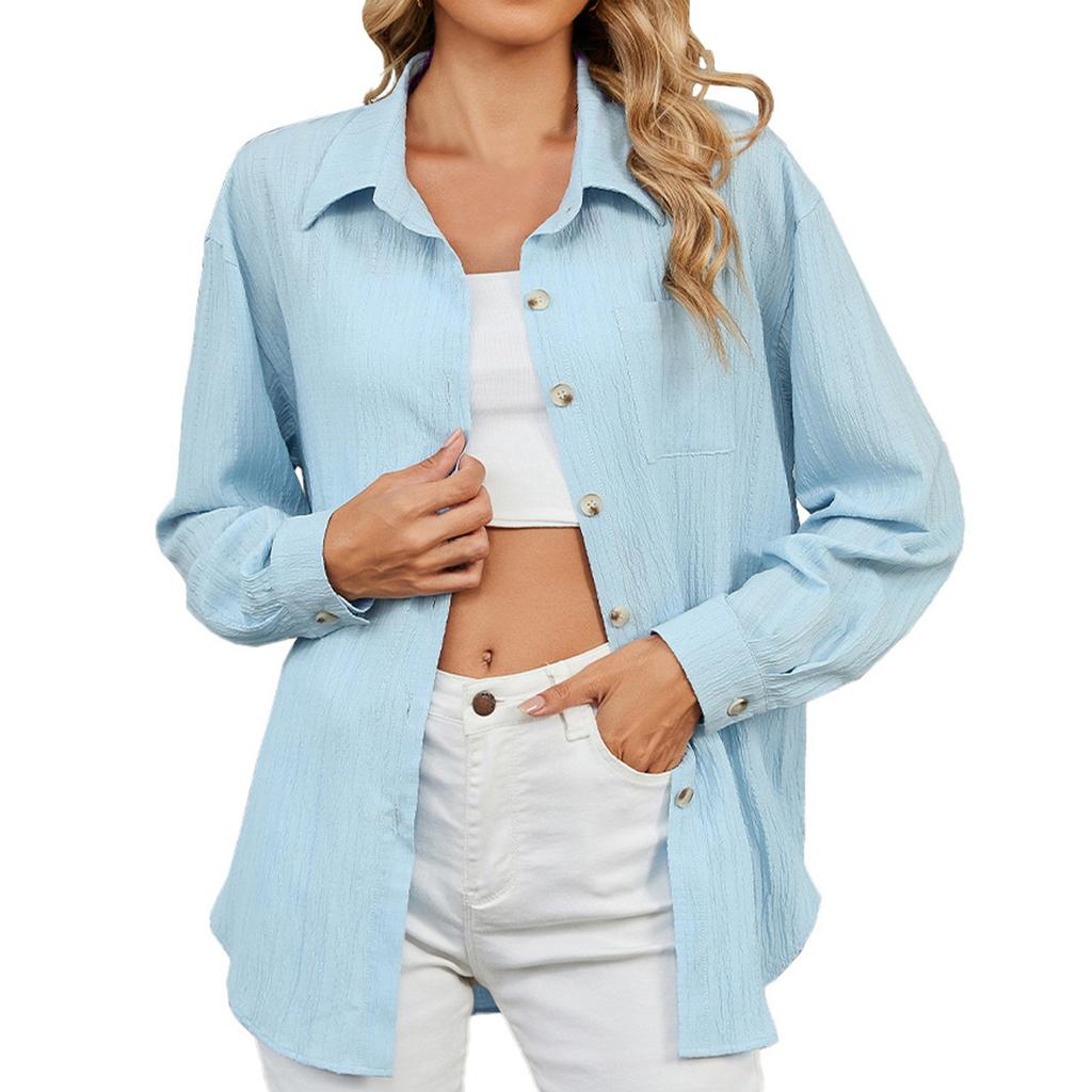 Женские рубашки на пуговицах с длинным рукавом, повседневные однотонные свободные топы с воротником