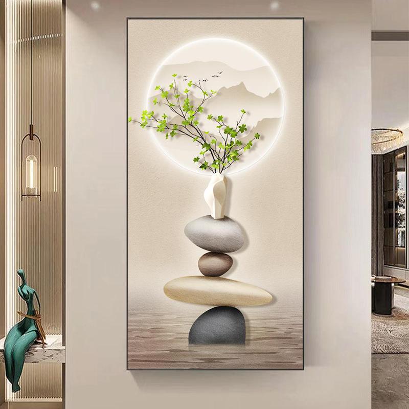 Китайский стиль Дзен-камень Золотой олень Картина на холсте Настенное искусство Богатые постеры с деревьями Фэншуй Настенное искусство для крыльца Декор стены Без рамки