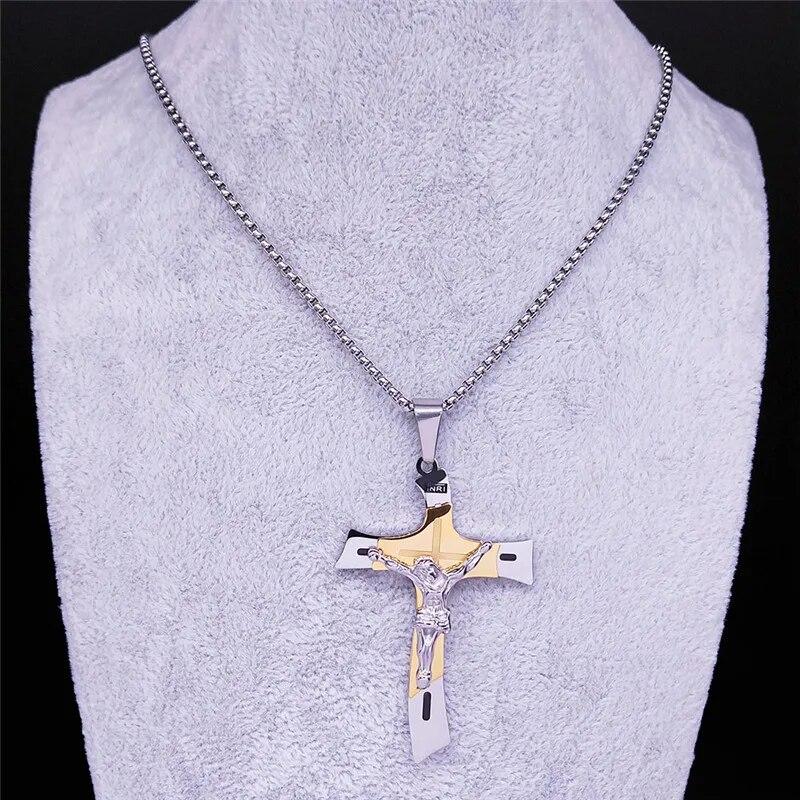 Cross Jesus Crucifix Stainless Steel Multilayer Pendant Necklace Gold Silver Color Male Necklace Jewelry Collier Homme NXH43S02