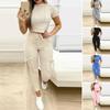 2Pcs/Set O-neck Short Sleeve High Waist Pockets Sports Outfit Solid Color Crop Top Drawstring Pants Matching Set