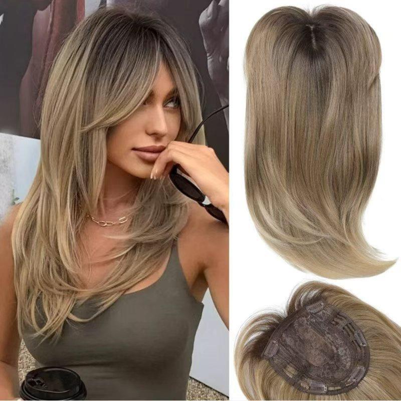 Clip in Hair Topper for Women No Net, Synthetic High Temp Fiber, Long Curly Golden Blonde with Curtain Bangs, Hair Piece for Thinning Crown