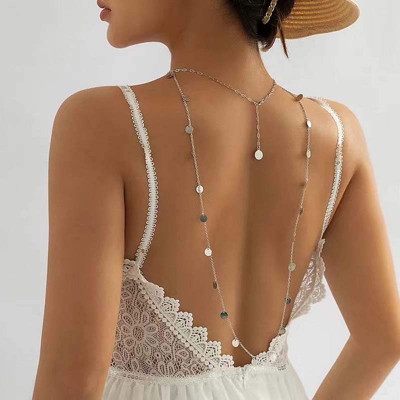 Fashion Metal Sequin Round Pendant Back Chain Necklace For Women Simple Long Tassel Sexy Body Chain Jewelry Accessories