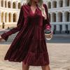 Spring Fall Women Dress Golden Velvet V Neck Pleated Patchwork Long Sleeves A-line Solid Color Knee Length Dating Shopping Midi Dress