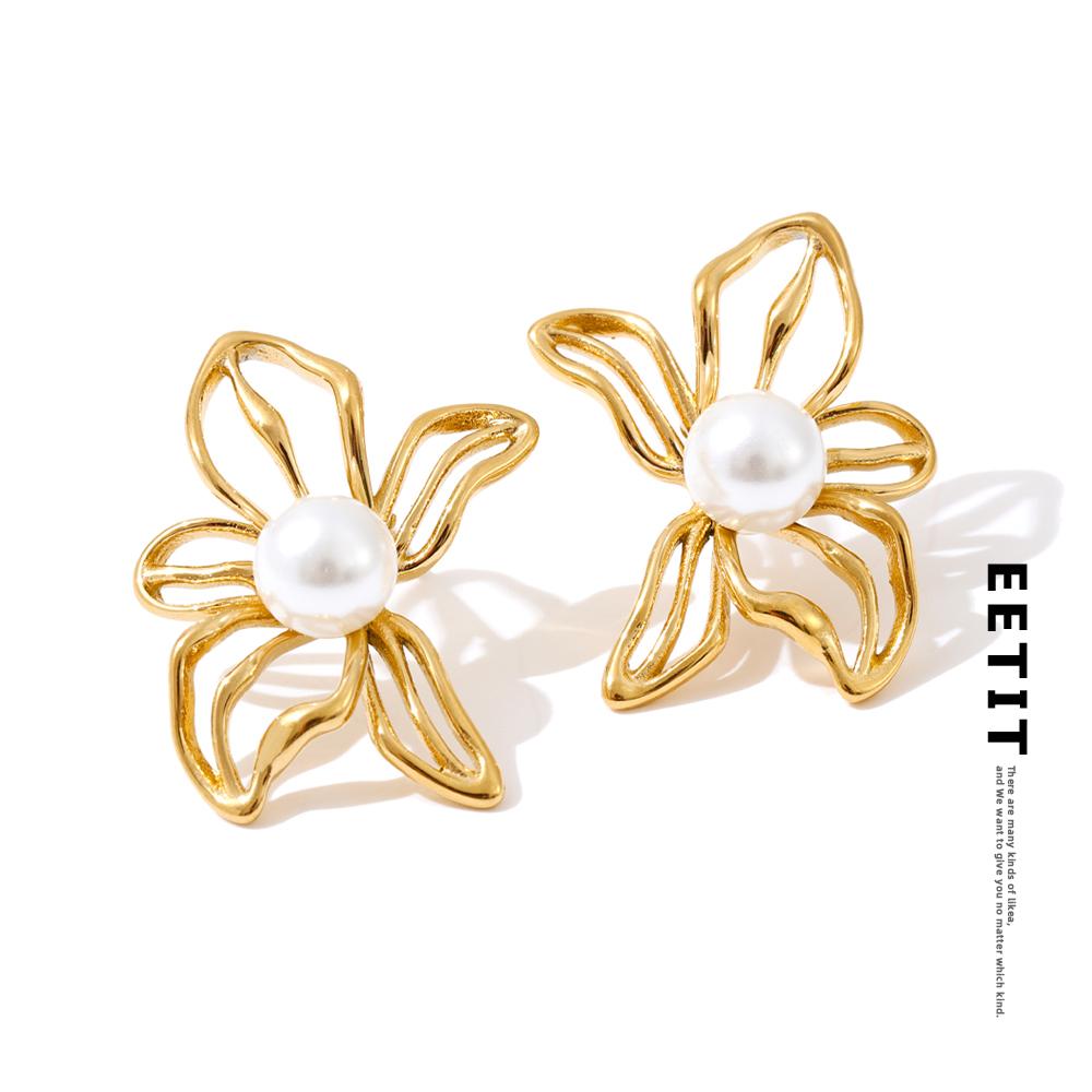 Eetit 2025 Stainless Steel Pearls Hollow Flower Stud Earrings Gift Gold & Platinum PVD Plated Modern Daily Jewelry Anti Allergic