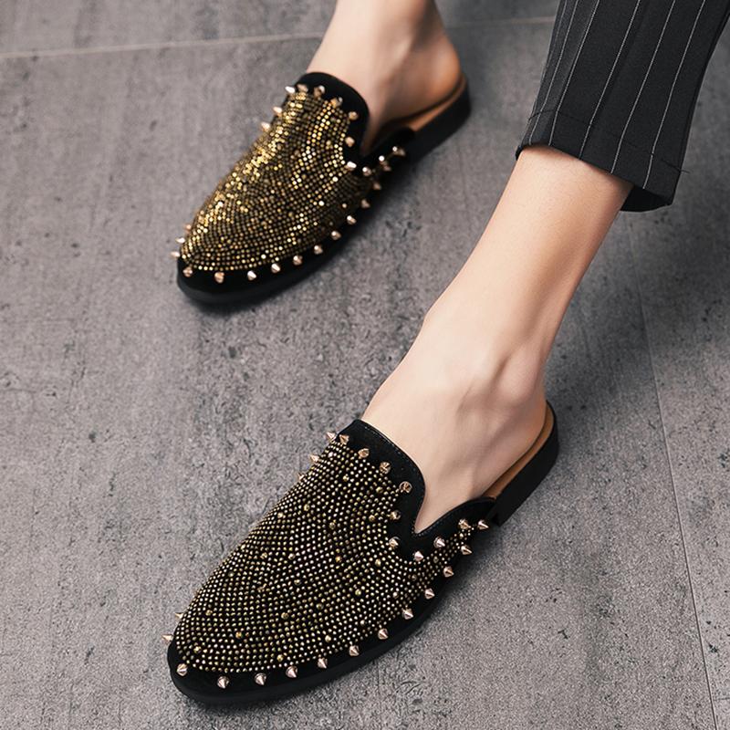 New Gold Hip-hop Rock Punk Rivet Rhinestones Shoes For Men Half Slippers Summer Fashion Casual Mules Moccasins Loafers