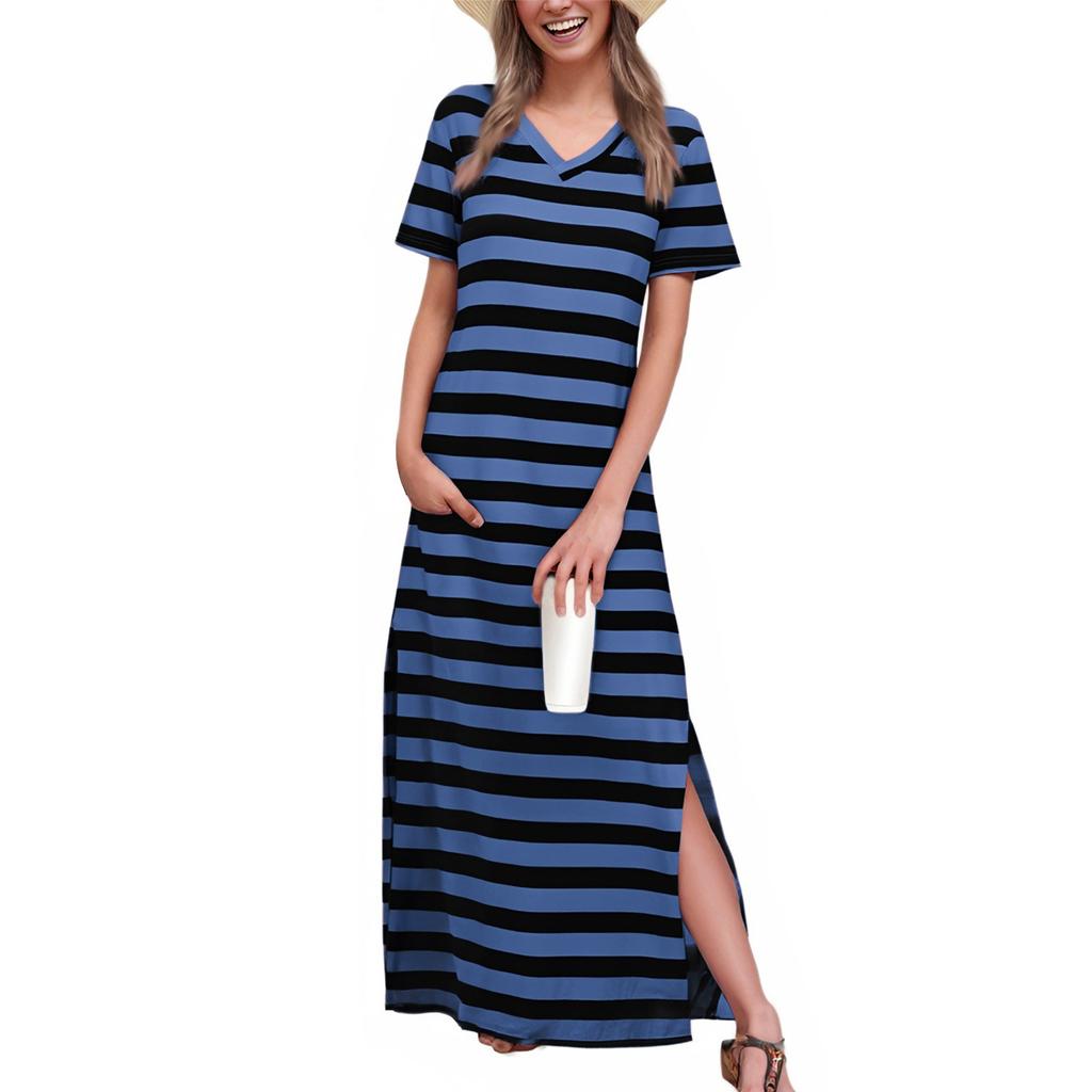 Женское полосатое платье миди с разрезом по бокам и V-образным вырезом с коротким рукавом, повседневное, свободное праздничное платье
