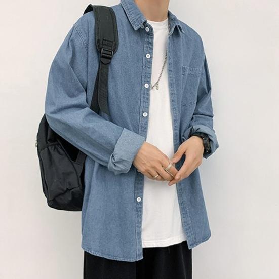 Мужская рубашка-рубашка на весну и лето, пальто с отложным воротником и длинными рукавами, однобортный кардиган, свободный нагрудный карман, чистый цвет, школьный