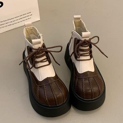 Модные женские хлопковые ботинки на толстой подошве, зимние новые, с круглым носком, с отделкой, с передним ремешком, противоскользящие, износостойкие, короткие ботинки