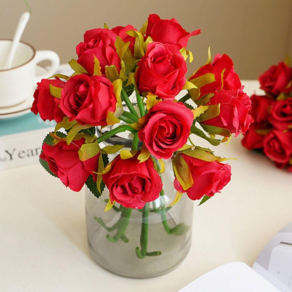 Plastic Simulation Rose Flower 12 Head Fake Flowers Artificial Rose Bouquet Outdoor Garden Decor